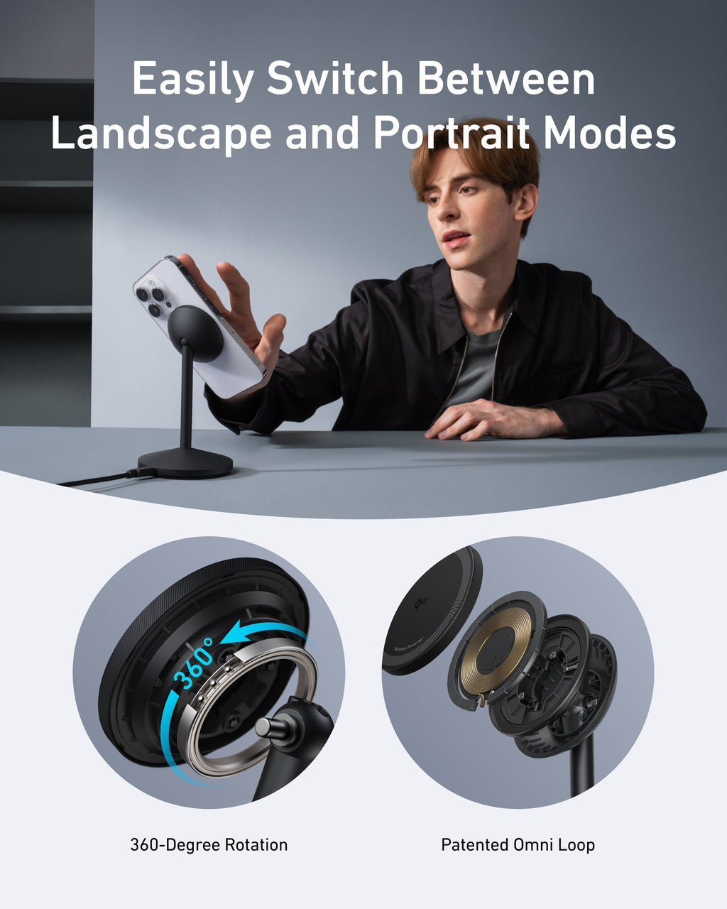 Anker stand with 360-degree rotation and patented Omni Loop for flexible phone use