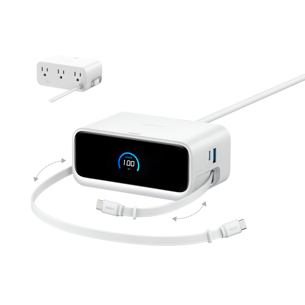 Anker charging station with smart display showing 100W power.