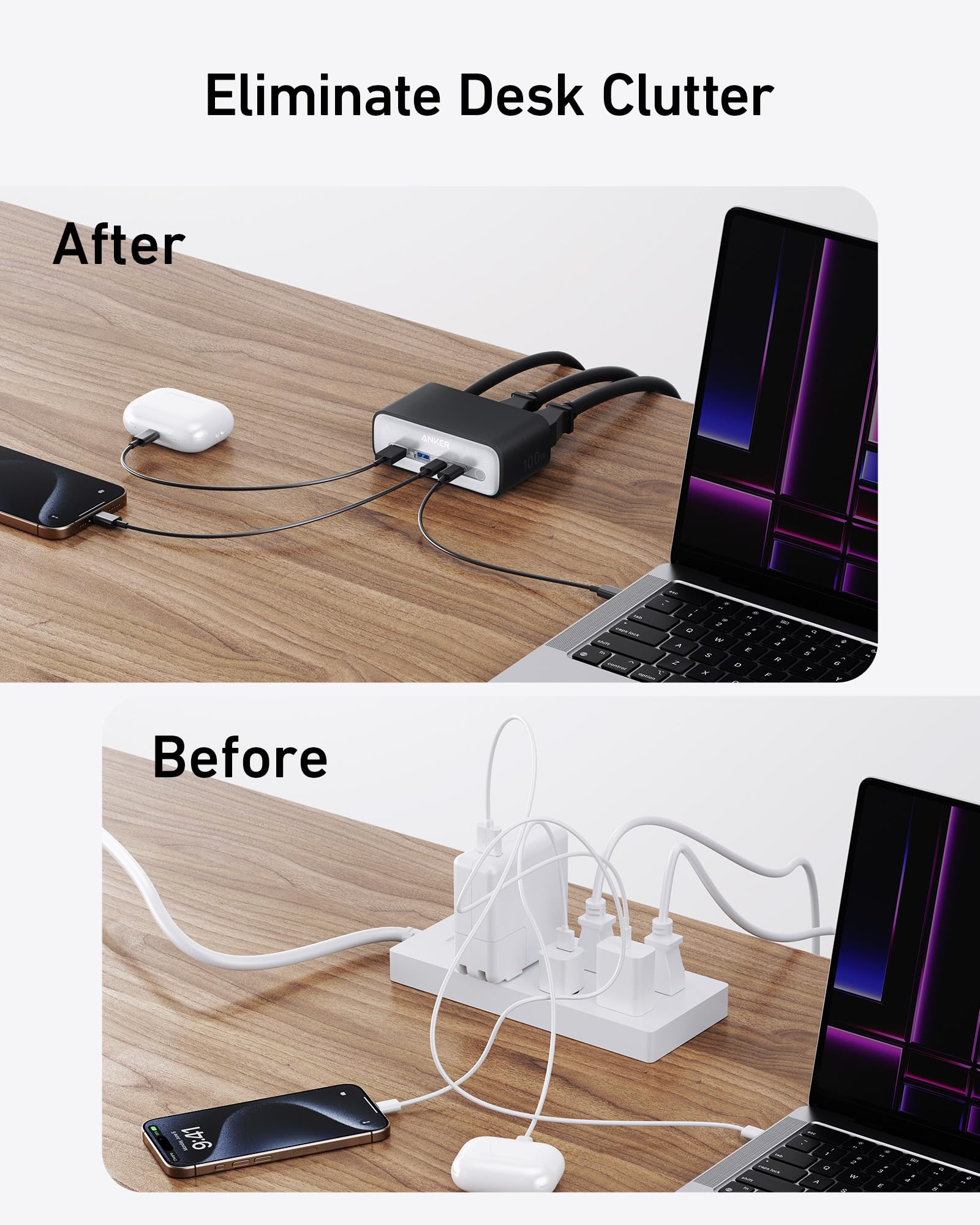 Anker charging hub with organized cables for desk clutter elimination.